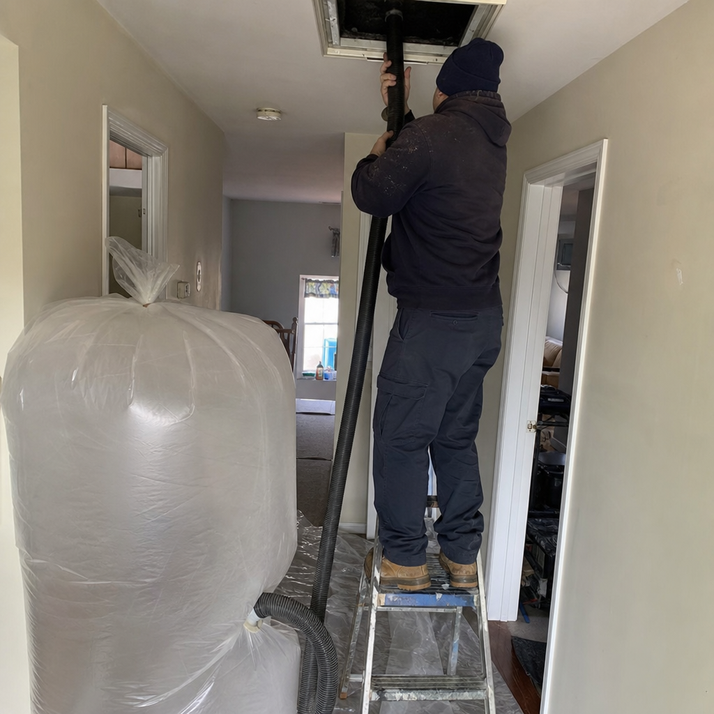 Professional technician performing residential air duct cleaning service