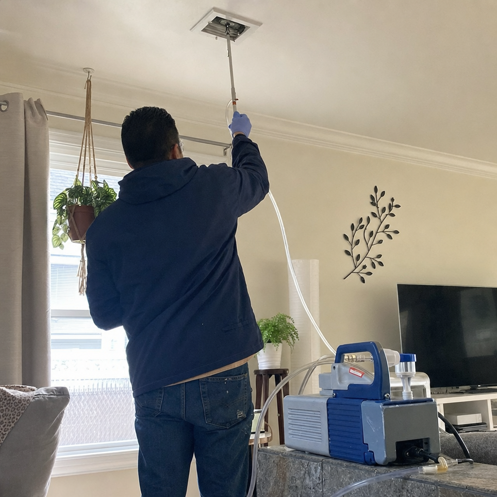 Technician performing professional air quality vent sanitization and duct cleaning