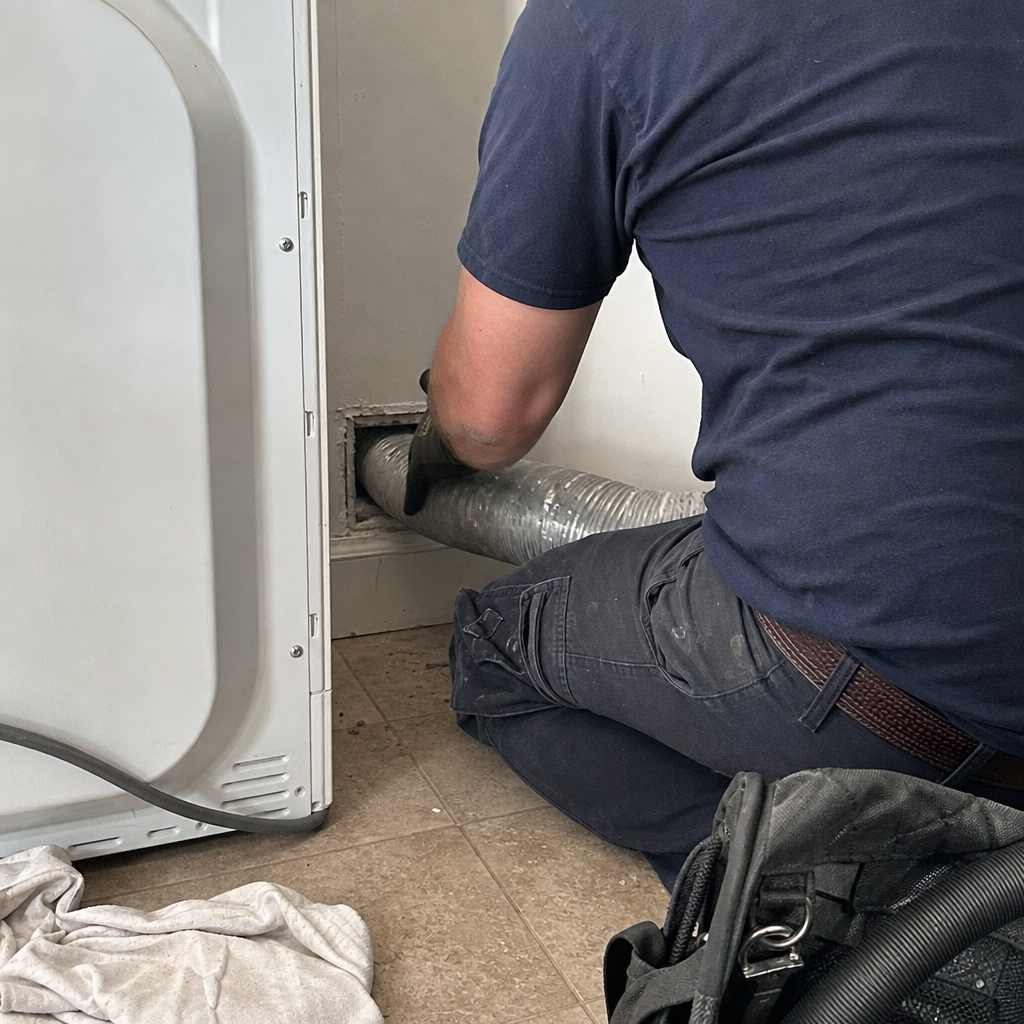 Technician performing professional dryer vent cleaning and duct maintenance