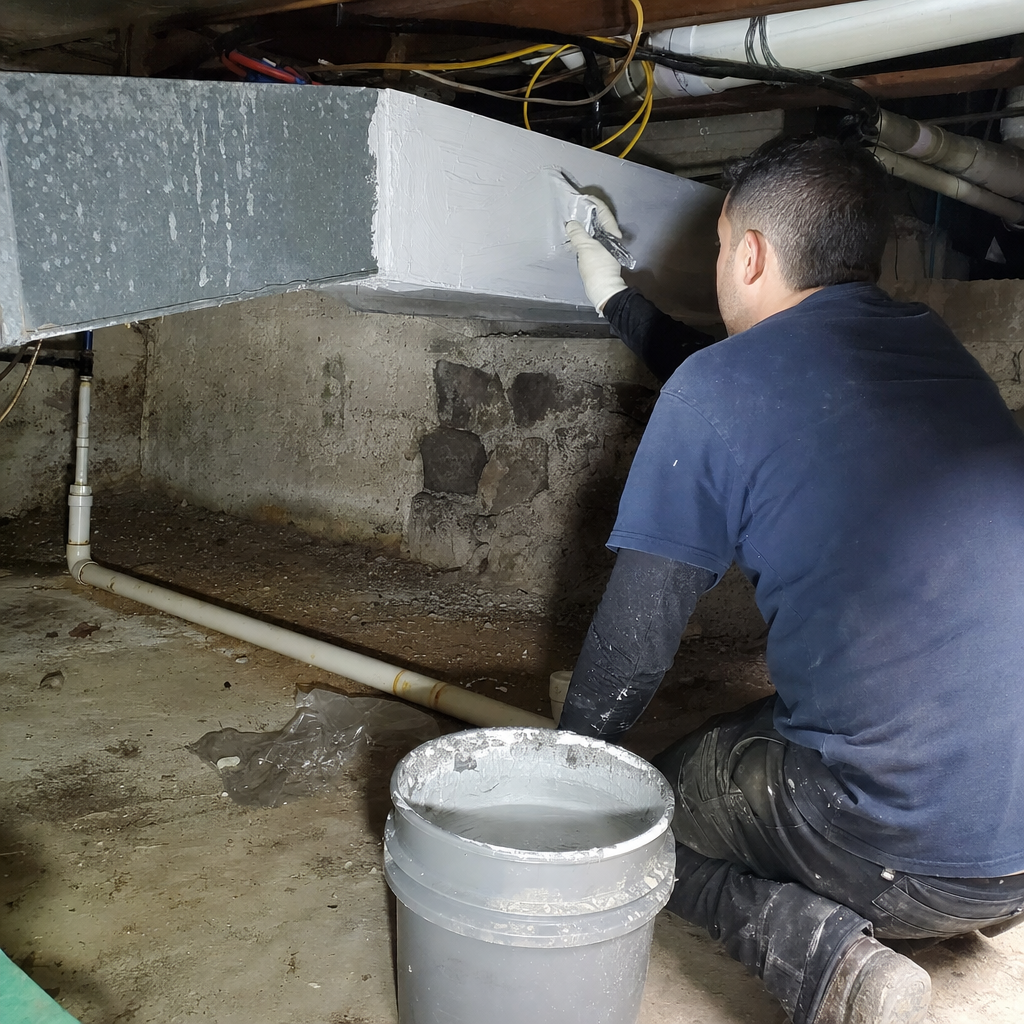 Technician applying mastic sealant to HVAC air duct for professional repair