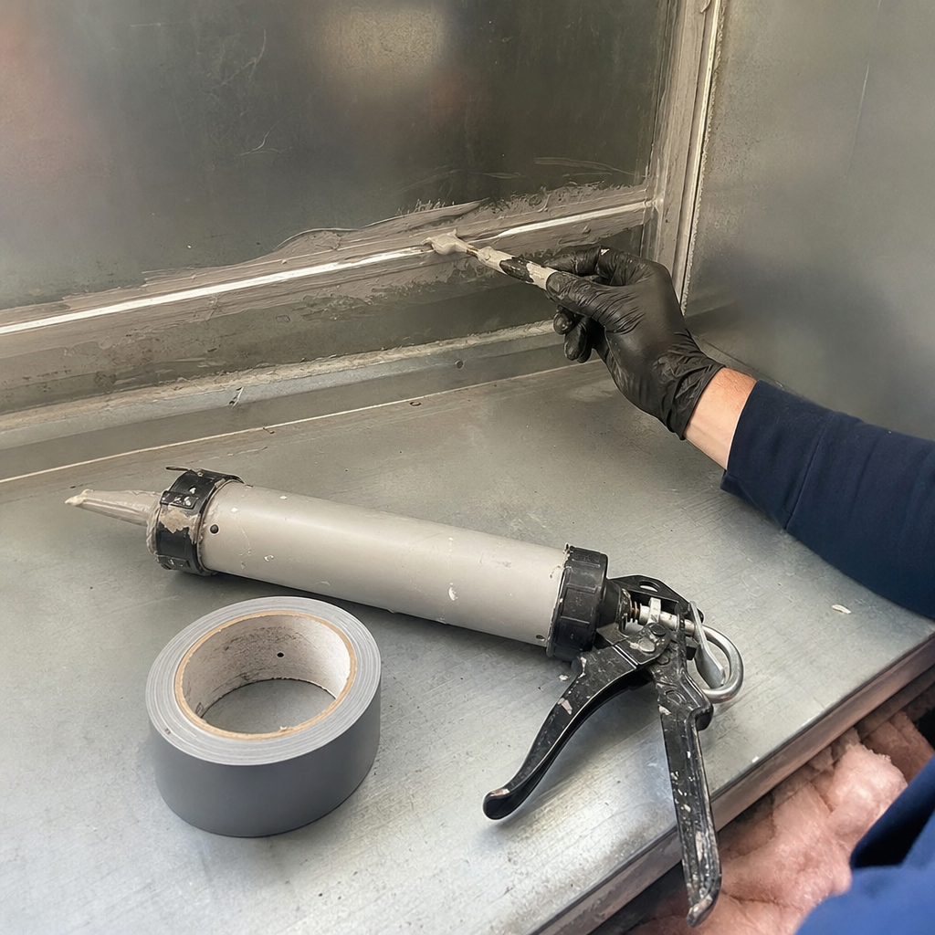 Professional technician applying sealant to metal air duct seams