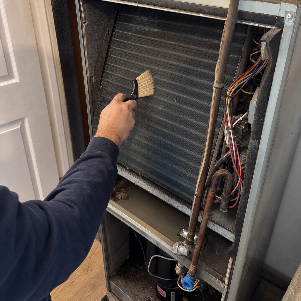 Technician performing professional HVAC coil cleaning and maintenance