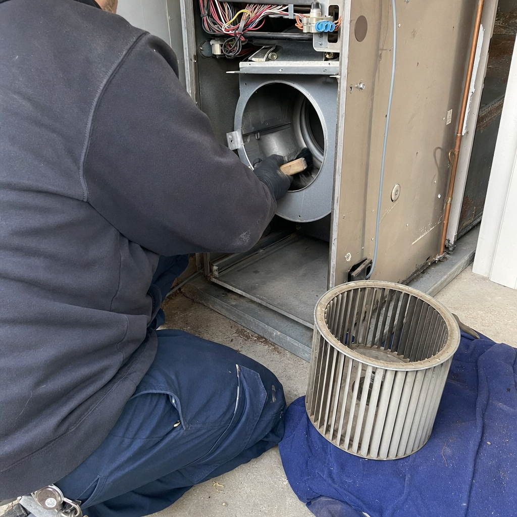 Technician performing professional HVAC system maintenance and air duct cleaning
