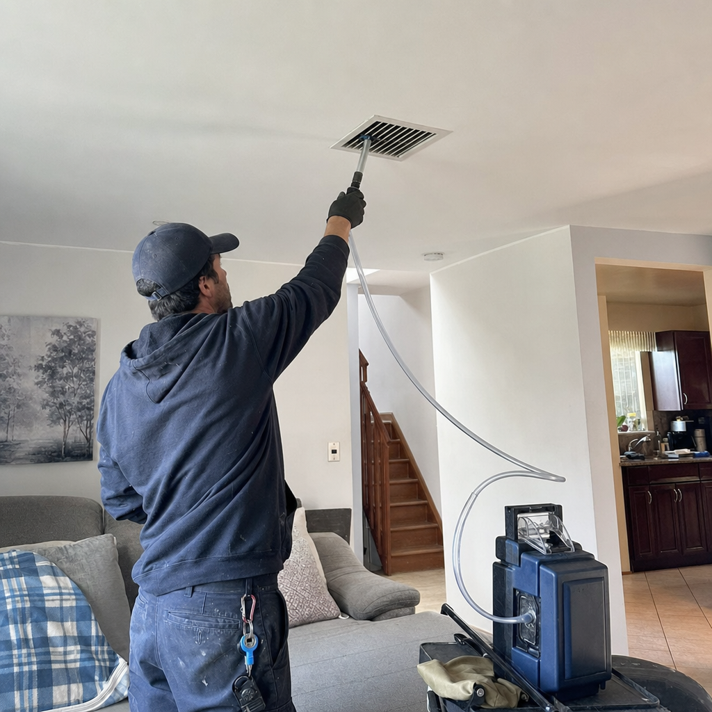 Technician performing professional residential air duct cleaning and sanitization services. in Yonkers, NY